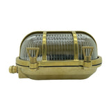 Palaemon Eyelid Bulkhead Light in raw brass, oval shape with ribbed glass lens, two guard bars, and brass eyelid hood, shown on a plain white background.