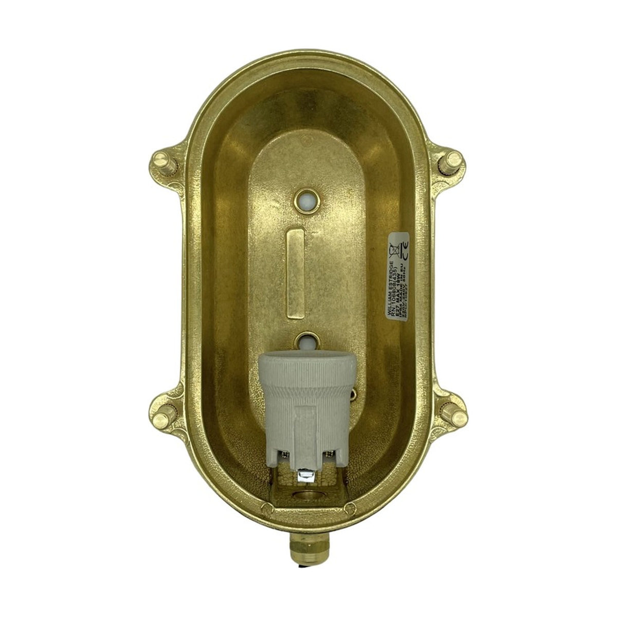 Interior view of the Palaemon Eyelid Bulkhead Light in raw brass, showing the oval housing, E27 ceramic lampholder, mounting lugs, and cable gland on a white background.