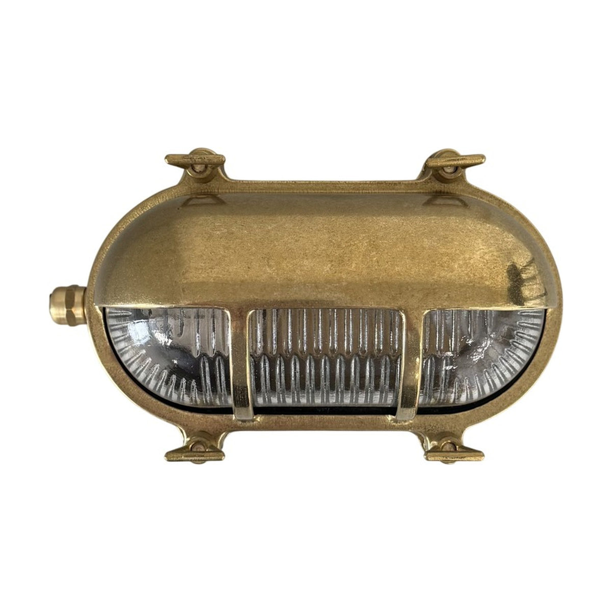 Palaemon Eyelid Bulkhead Light in raw brass, oval shape with protective hood, ribbed glass lens behind two guard bars, four corner lugs, IP64 rated, on a white background.