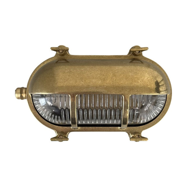 Palaemon Eyelid Bulkhead Light in raw brass, oval shape with protective hood, ribbed glass lens behind two guard bars, four corner lugs, IP64 rated, on a white background.