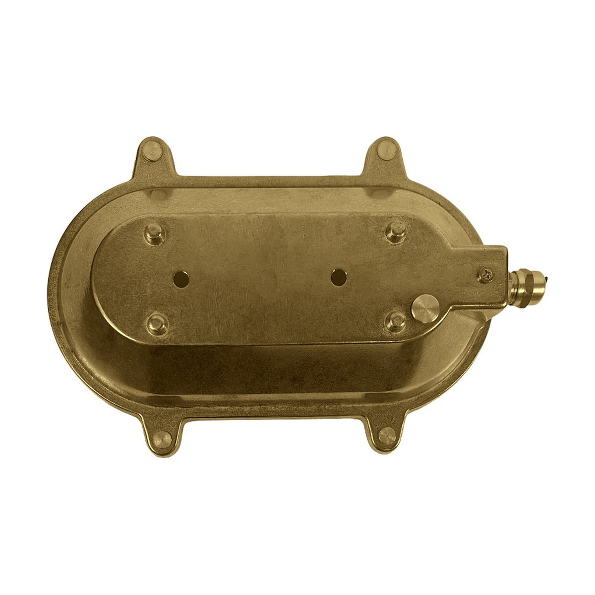 Rear view of the Horatio oval bulkhead light in raw brass, showing the solid brass back plate, mounting lugs with screw holes, and cable gland entry, on a plain white background.