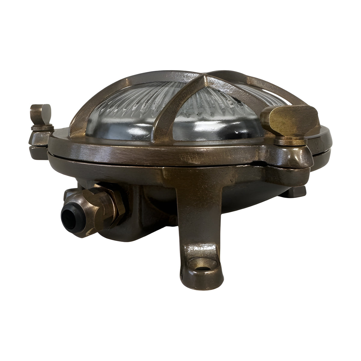 Mini Compass Guard Round Bulkhead Light in antique brass, IP44-rated with domed ribbed glass, crossed guard bars, and thumb screws, shown on a white background.