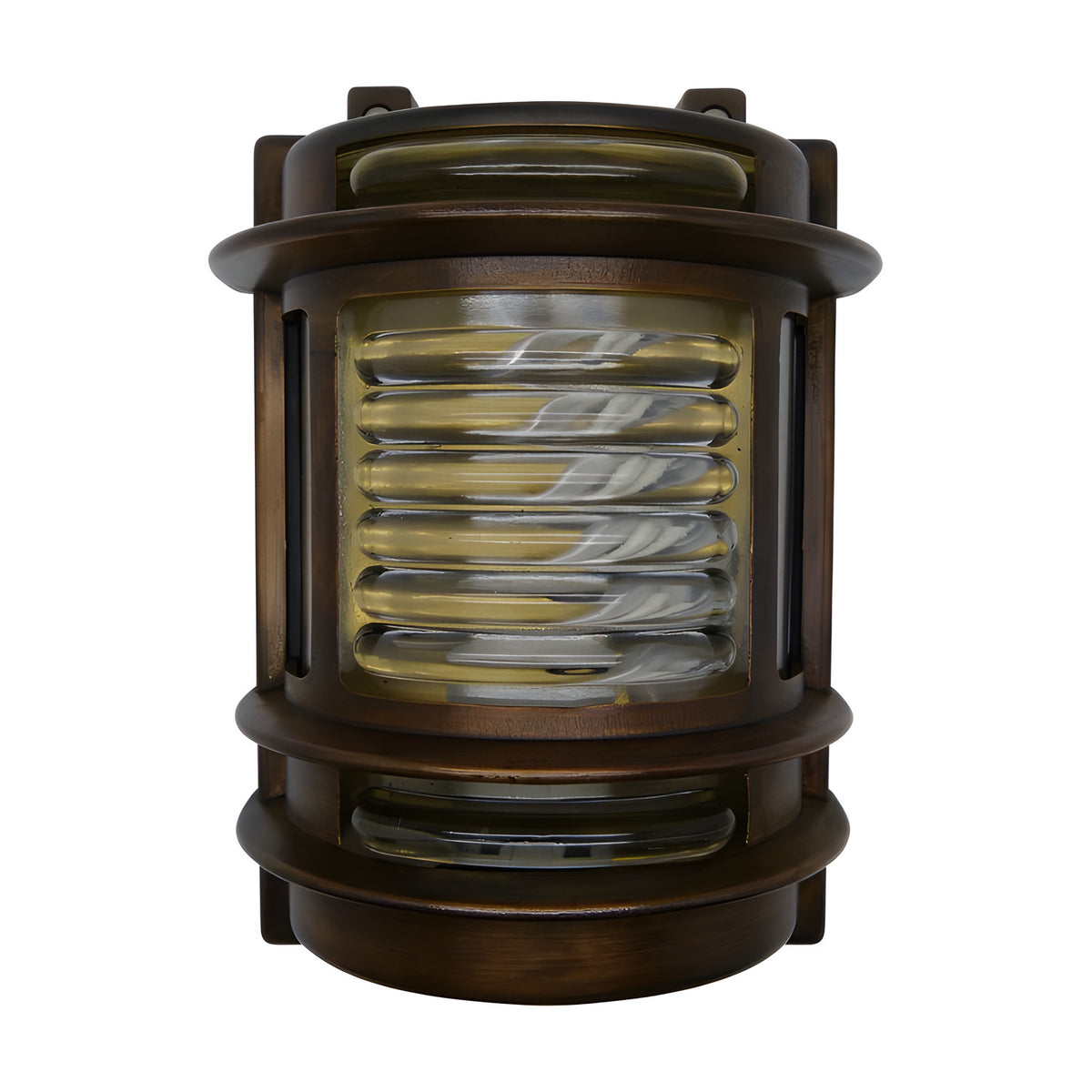 Cargo Outdoor Wall Light in antique brass, a solid brass bulkhead fitting with curved ribbed glass panel, tiered brass bands, and side glazing, shown on a plain white background.