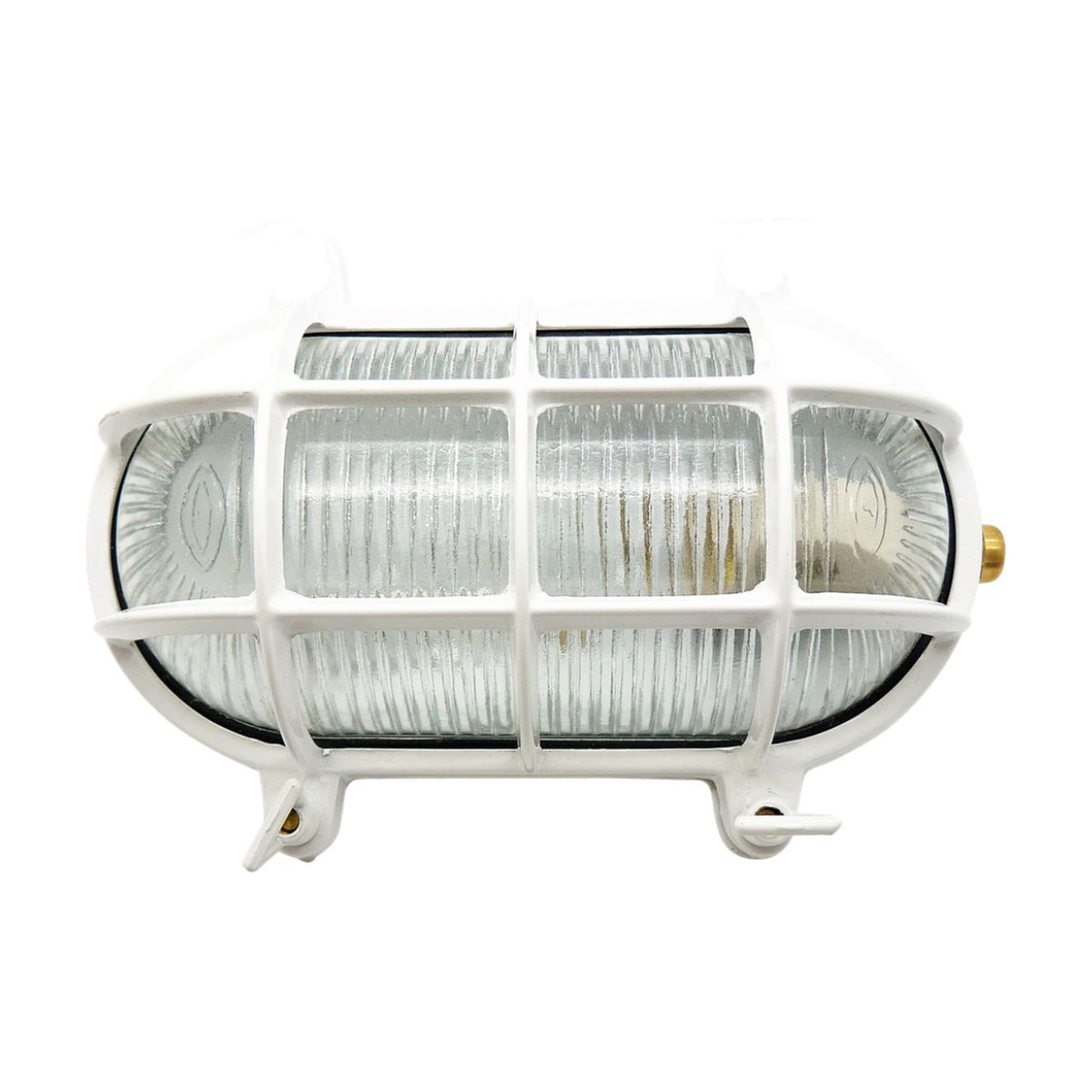 Horatio Oval Bulkhead Light in white, with a ribbed glass diffuser behind a white protective cage and brass fittings, shown on a plain white background.