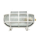 Horatio Oval Bulkhead Light in white, with a ribbed glass diffuser behind a white protective cage and brass fittings, shown on a plain white background.
