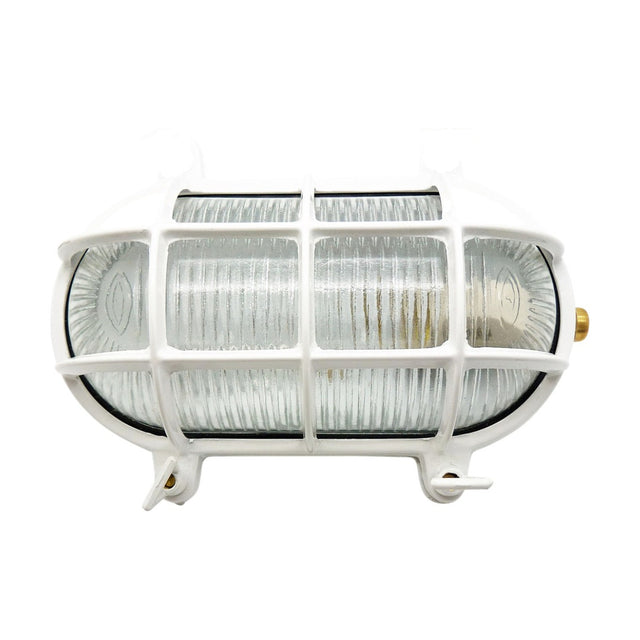 Horatio Oval Bulkhead Light in white, with a ribbed glass diffuser behind a white protective cage and brass fittings, shown on a plain white background.