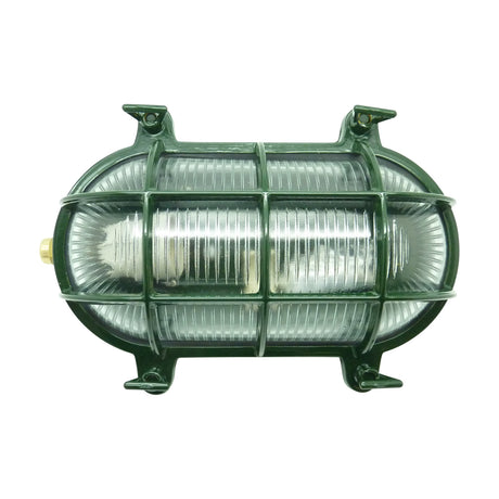 Horatio Oval Bulkhead Light IP64 in green, showing a metal cage frame over ribbed glass with mounting brackets, set against a plain white background.