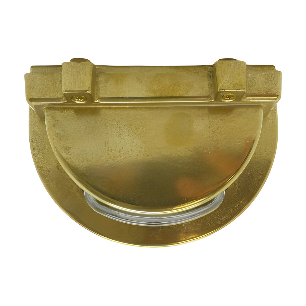 Cargo outdoor wall light in raw brass, half-round solid brass body with ribbed glass panel and nautical-style bands, IP64 rated, shown on a plain white background.