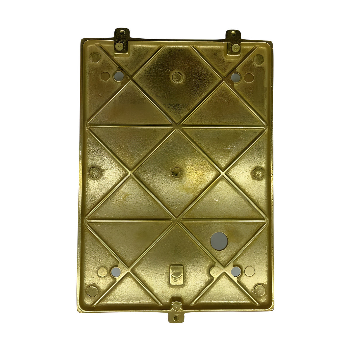 Rear view of the Cargo IP64 outdoor wall light in raw brass, showing a rectangular backplate with diamond-patterned detailing, mounting holes, and two wall brackets.