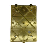 Rear view of the Cargo IP64 outdoor wall light in raw brass, showing a rectangular backplate with diamond-patterned detailing, mounting holes, and two wall brackets.