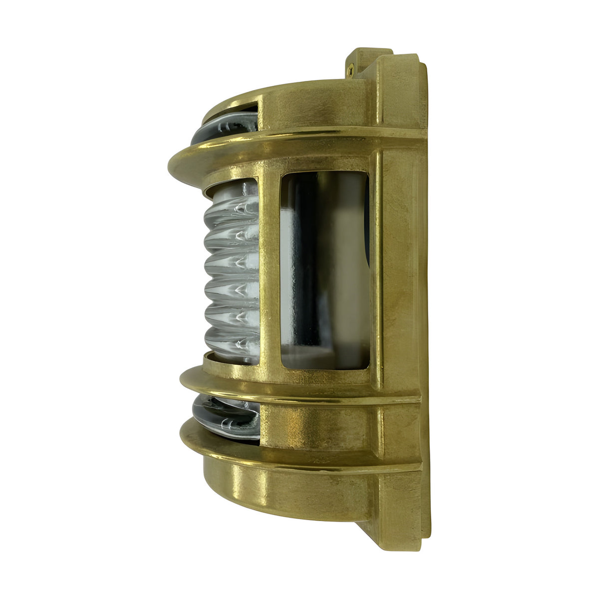 Cargo outdoor wall light in raw brass, half-round design with ribbed glass panel, brass bands and side windows, nautical style, shown on a plain white background.
