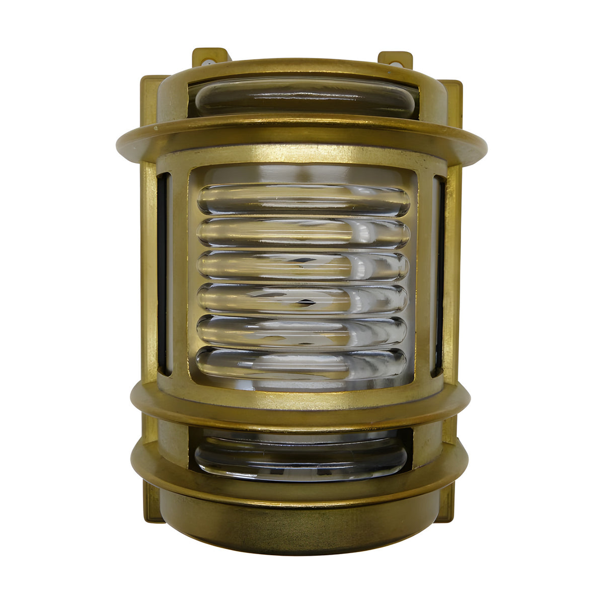 Cargo Outdoor Wall Light in raw brass with ribbed glass panels, caged nautical-style design, IP64 rated, shown on a plain white background.