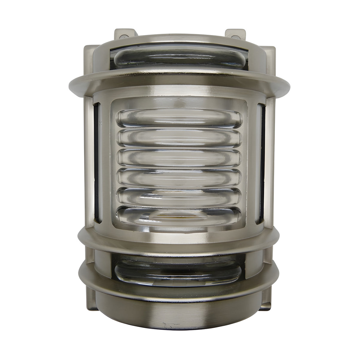 Cargo Outdoor Wall Light in satin nickel, a cylindrical brass fixture with ribbed glass panel, raised banding, and wall mounting brackets, shown on a plain white background.