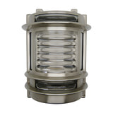 Cargo Outdoor Wall Light in satin nickel, a cylindrical brass fixture with ribbed glass panel, raised banding, and wall mounting brackets, shown on a plain white background.