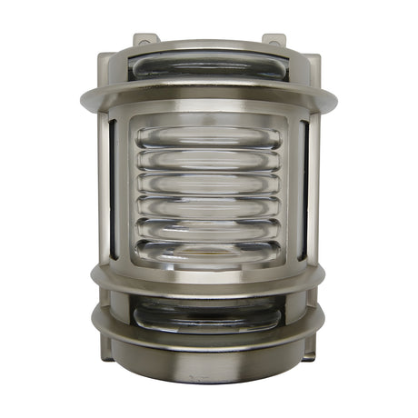 Cargo Outdoor Wall Light in satin nickel, a cylindrical brass fixture with ribbed glass panel, raised banding, and wall mounting brackets, shown on a plain white background.