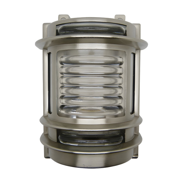 Cargo Outdoor Wall Light in satin nickel, a cylindrical brass fixture with ribbed glass panel, raised banding, and wall mounting brackets, shown on a plain white background.