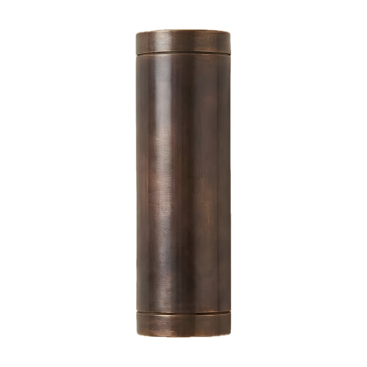 Pharos IP64 outdoor up & down wall light in antique brass, a slim cylindrical fixture with banded caps, shown on a plain white background.