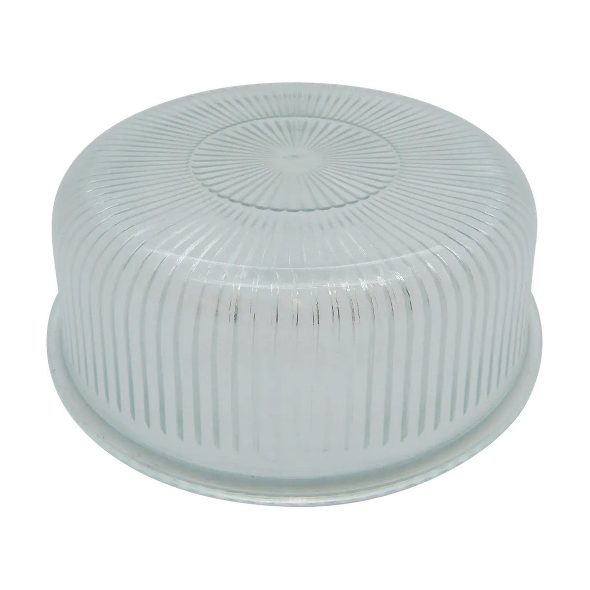 Grand Capstan Bulkhead Light Replacement Prismatic Glass, a round clear glass dome with ribbed sides, radiating top pattern, and shallow base lip on a plain white background.