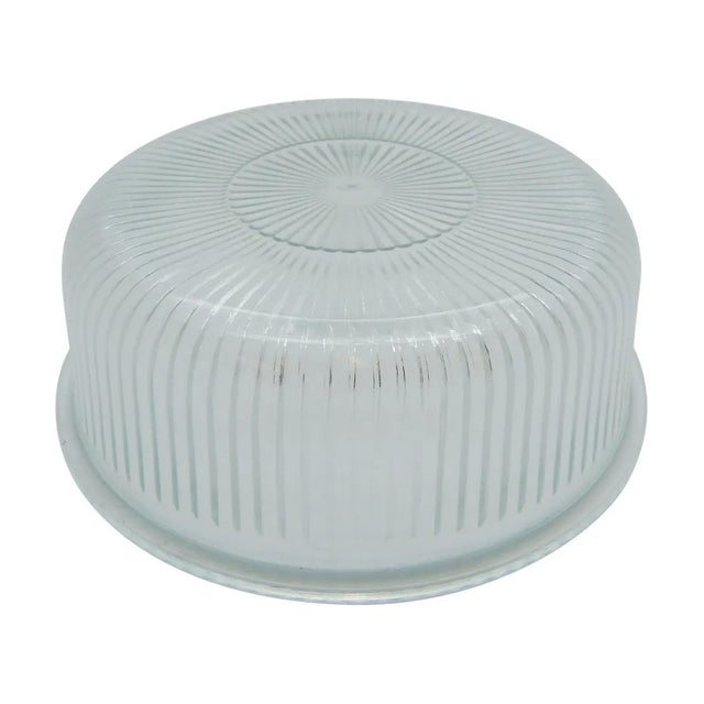 Grand Capstan Bulkhead Light Replacement Prismatic Glass, a round clear glass dome with ribbed sides, radiating top pattern, and shallow base lip on a plain white background.