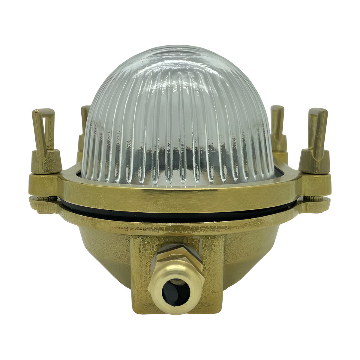 Small Siren oval bulkhead light in raw brass with domed clear ribbed glass cover, cable gland entry and side clamps, shown on a white background.