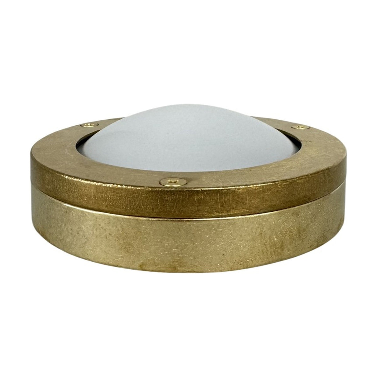 Marina Circular Bulkhead Light in raw brass, round outdoor wall light with frosted glass dome held by a screw-fixed front ring, shown on a white background.