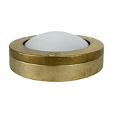 Marina Circular Bulkhead Light in raw brass, round outdoor wall light with frosted glass dome held by a screw-fixed front ring, shown on a white background.