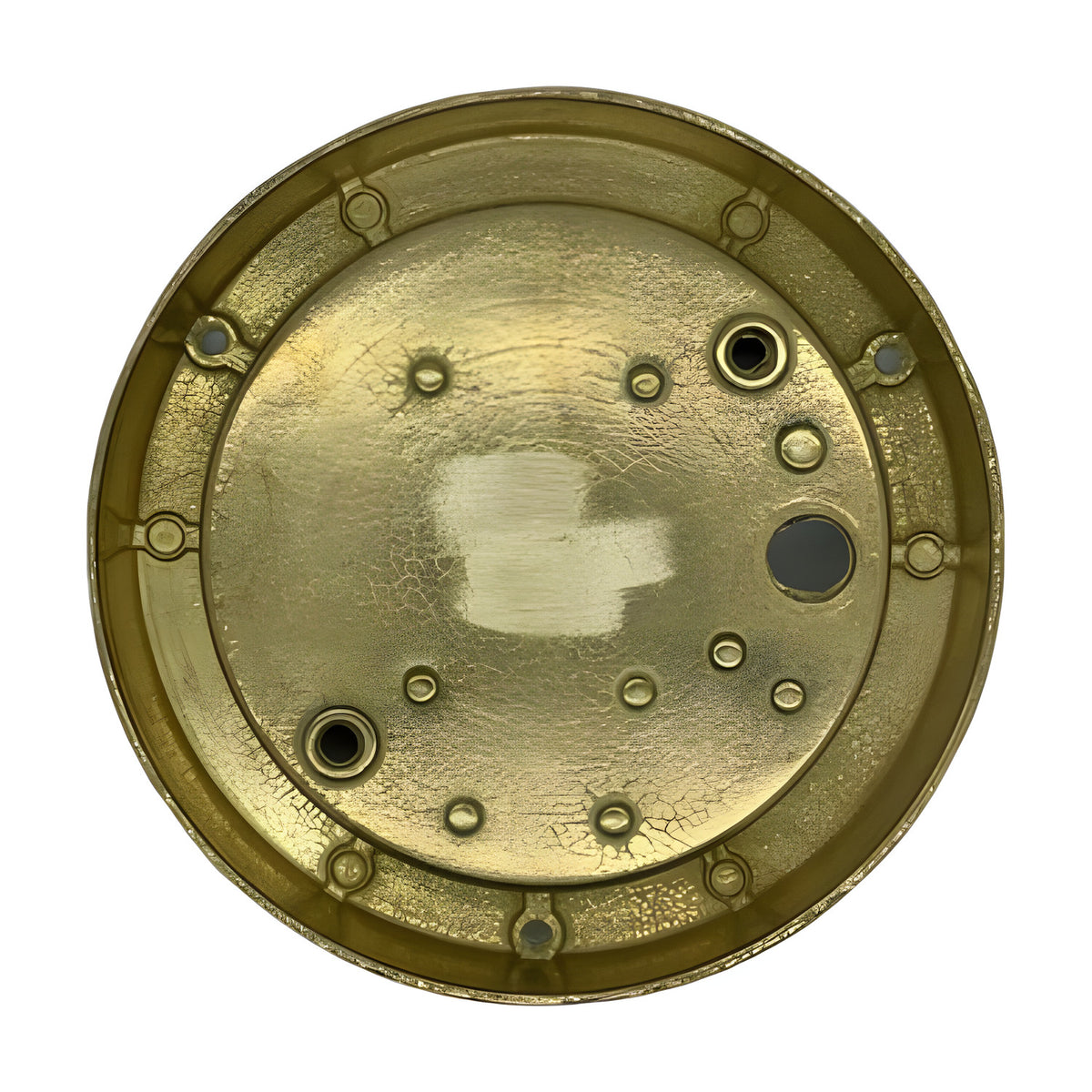 Marina Circular Bulkhead Light IP64 in raw brass, rear view showing the solid brass base plate with mounting screw holes and cable entry points on a plain white background.