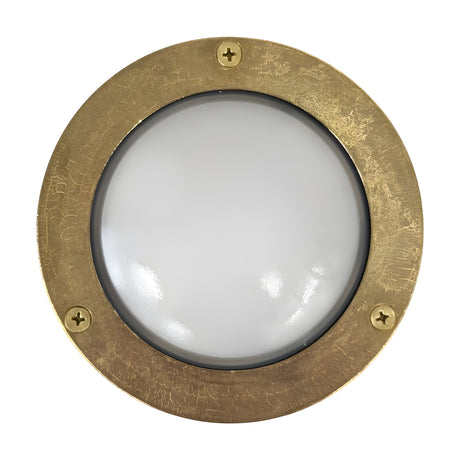 Marina Circular Bulkhead Light in raw brass, round outdoor wall light with frosted glass dome and three-screw front ring, IP64 rated, shown on a plain white background.