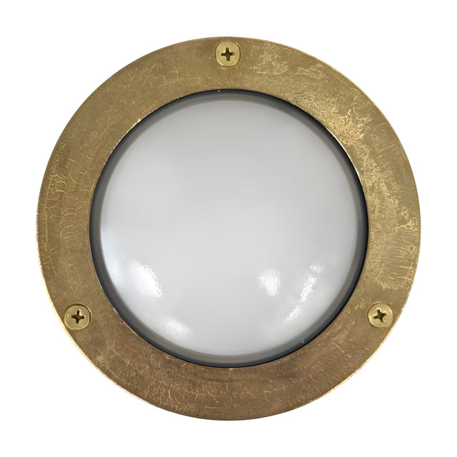 Marina Circular Bulkhead Light in raw brass, round outdoor wall light with frosted glass dome and three-screw front ring, IP64 rated, shown on a plain white background.