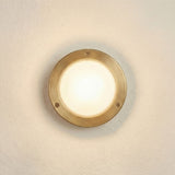 Marina Circular Bulkhead Light IP64 in raw brass, a round wall-mounted fixture with frosted glass dome and three-screw front ring, shown lit on a plain wall.