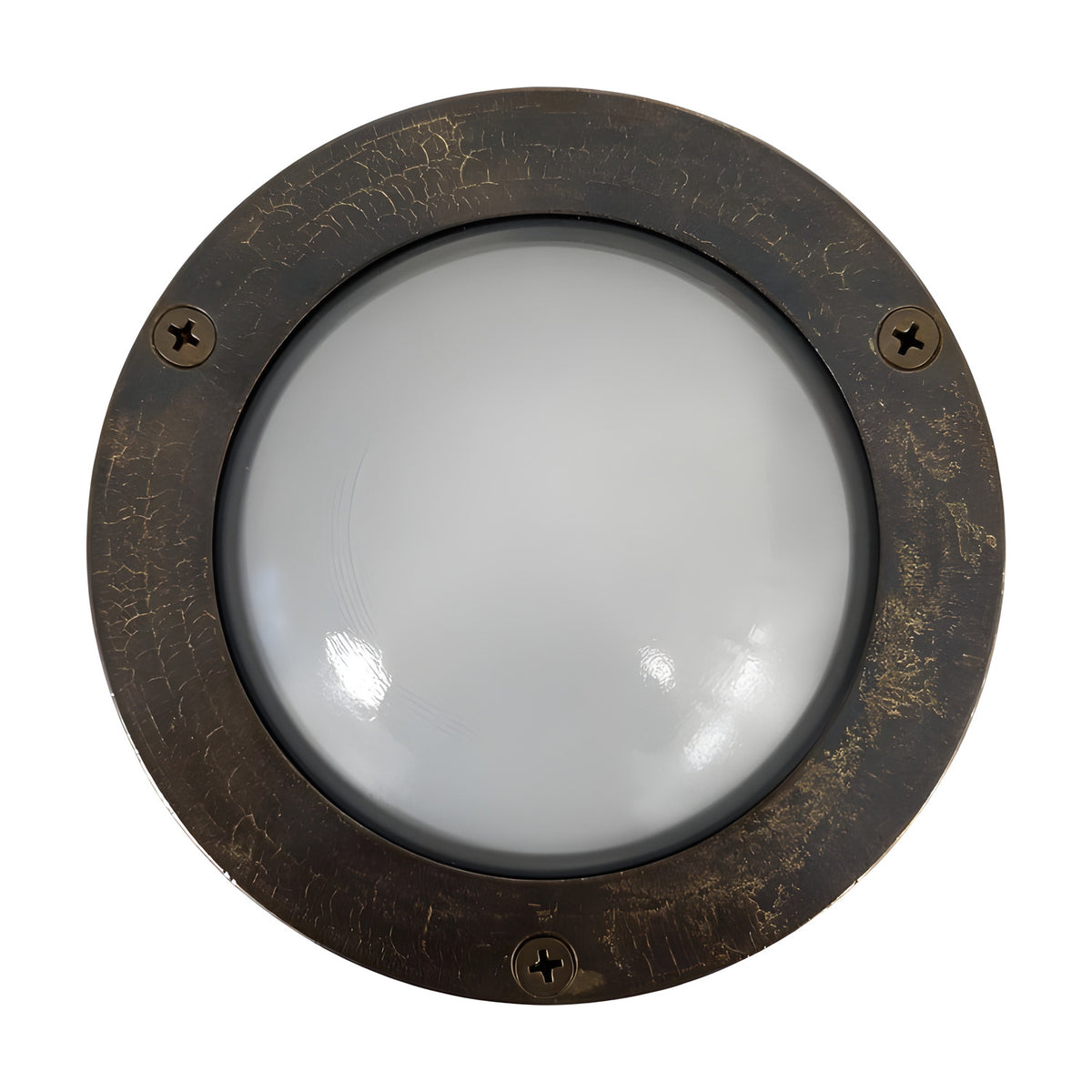 Marina Circular Bulkhead Light IP64 in antique brass, showing a round three-screw bezel with domed frosted glass cover, set against a plain white background.