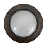 Marina Circular Bulkhead Light IP64 in antique brass, showing a round three-screw bezel with domed frosted glass cover, set against a plain white background.