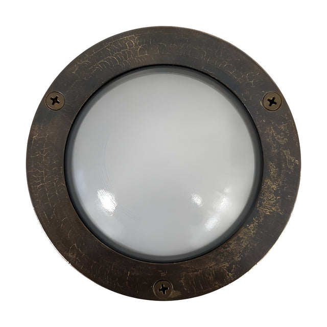 Marina Circular Bulkhead Light IP64 in antique brass, showing a round three-screw bezel with domed frosted glass cover, set against a plain white background.