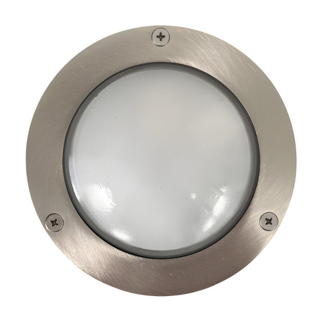 Marina Circular Bulkhead Light IP64 in satin nickel, with a brass bezel, domed frosted glass lens, and three visible fixing screws, shown on a plain white background.