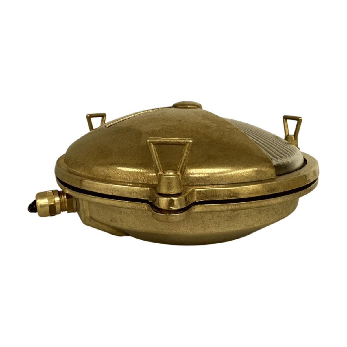 Trident Shield Round Bulkhead Light IP64 in raw brass, dome-shaped with ribbed glass, triangular rim lugs, and cable gland, shown on a white background.