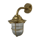 Quinn Guard outdoor wall lantern in raw brass, with a curved goose-neck arm, round wall plate, hooded top, and cage-wrapped ribbed glass globe, shown on a white background.