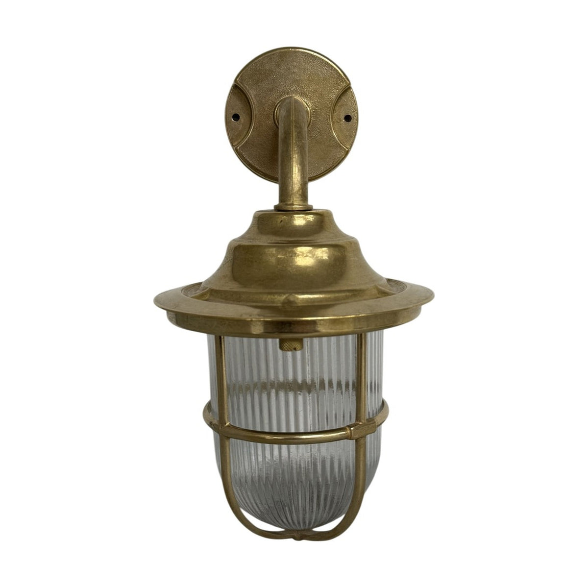 Quinn Guard outdoor wall lantern in raw brass finish, with a round wall plate, curved goose-neck arm, broad hood, and ribbed glass globe wrapped in a brass cage, shown on a white background.