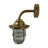Quinn Guard outdoor wall lantern in raw brass, with a goose-neck arm, round wall plate, ribbed glass globe, and brass cage guard, IP64 rated, shown on a white background.