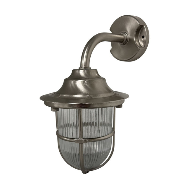 Quinn Guard Outdoor Wall Lantern in satin nickel, a goose-neck light with curved arm, flared hood, and ribbed glass shade protected by a slim metal cage.
