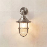 Quinn Guard outdoor wall lantern in satin nickel, goose-neck arm from round wall plate to flared hood over caged ribbed glass shade, lit against a plain light background.
