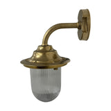 Quinn outdoor wall lantern in raw brass with a goose-neck arm and ribbed clear glass dome, shown uncaged on a round wall plate against a plain white background.