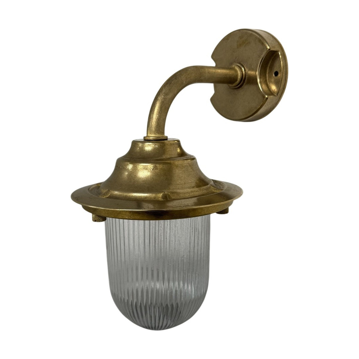 Quinn Outdoor Wall Lantern in raw brass with a goose-neck arm, round wall plate, and ribbed glass dome, IP64 rated, shown on a plain white background.