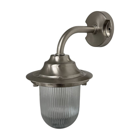 Quinn Outdoor Wall Lantern IP64 in satin nickel, a gooseneck wall light with round wall plate, curved arm, flared hood and clear ribbed glass shade, shown on a plain white background.