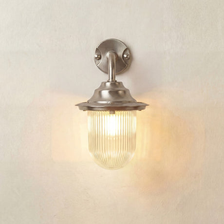 Quinn Outdoor Wall Lantern IP64 in satin nickel, a goose neck wall light with curved arm and flared hood above a ribbed glass shade, lit, on a plain light background.