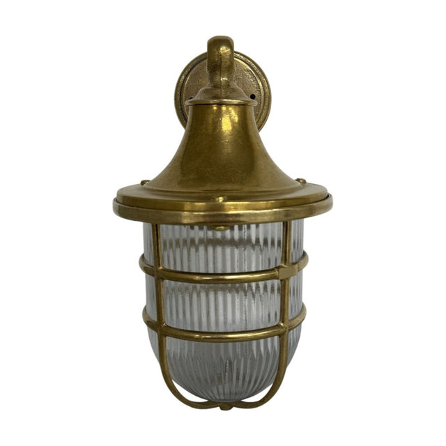 Grand Tiller IP64 outdoor wall lantern in raw brass, with a flared hood, ribbed glass shade, and protective brass cage, shown on a plain white background.