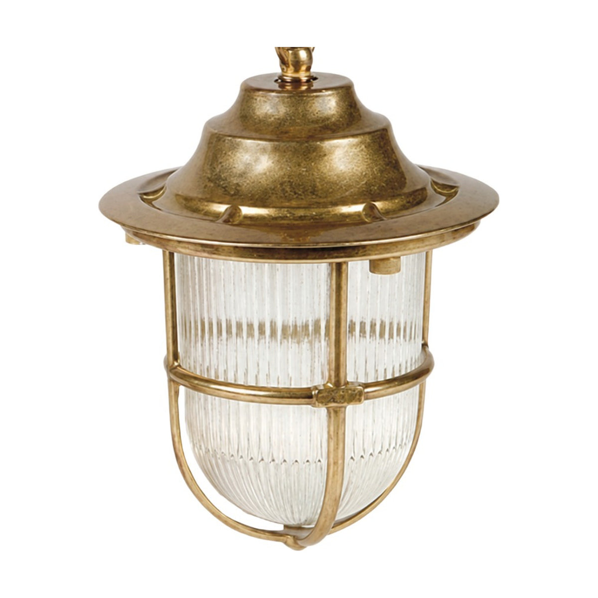 Hull Guard outdoor pendant light in raw brass, with stepped hood, wide brim, and ribbed glass shade encircled by a brass cage guard, shown on a plain white background.