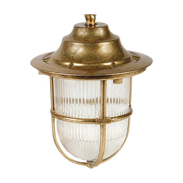 Hull Guard outdoor pendant light in raw brass, with stepped hood, wide brim, and ribbed glass shade encircled by a brass cage guard, shown on a plain white background.