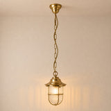 Hull Guard IP54 outdoor pendant light in raw brass, hung from a long chain with a lit ribbed glass shade inside a brass cage guard, against a plain light background.