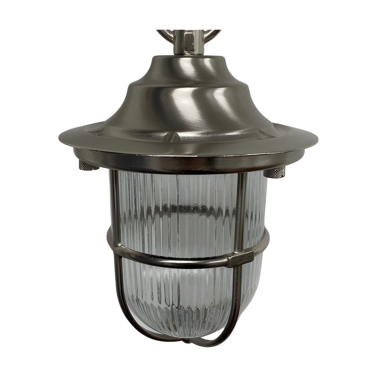 Hull Guard outdoor pendant light in satin nickel, a caged lantern with wide hood, ribbed glass, and brass guard, IP54 rated, shown on a plain white background.