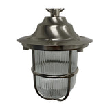 Hull Guard outdoor pendant light in satin nickel, a caged lantern with wide hood, ribbed glass, and brass guard, IP54 rated, shown on a plain white background.